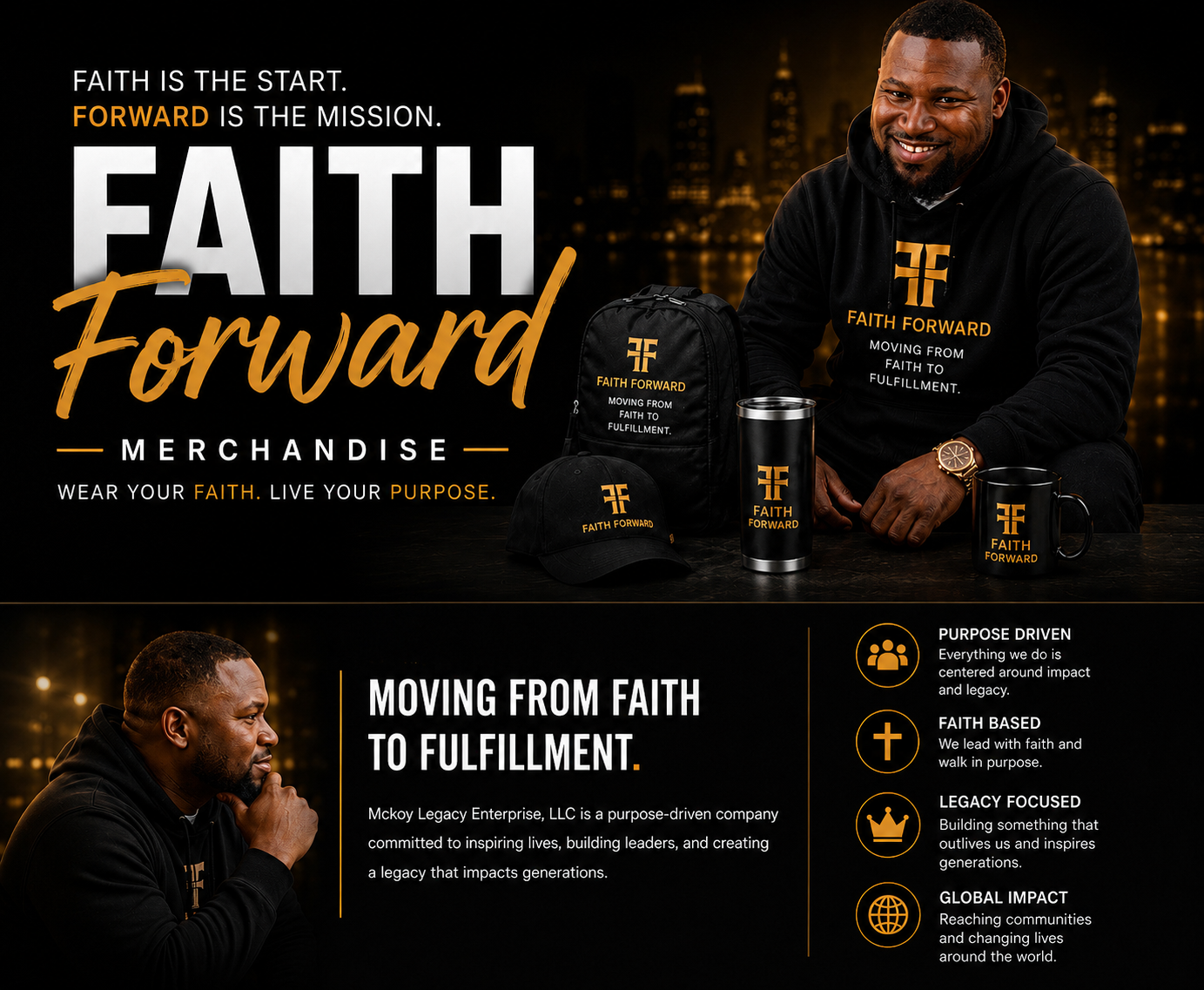 Faith Forward merchandise — hoodie, tumbler, and strategy journal